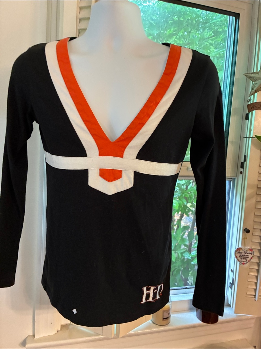 Harley-Davidson Black Long Sleeve Top with Orange & White V-Neck Trim